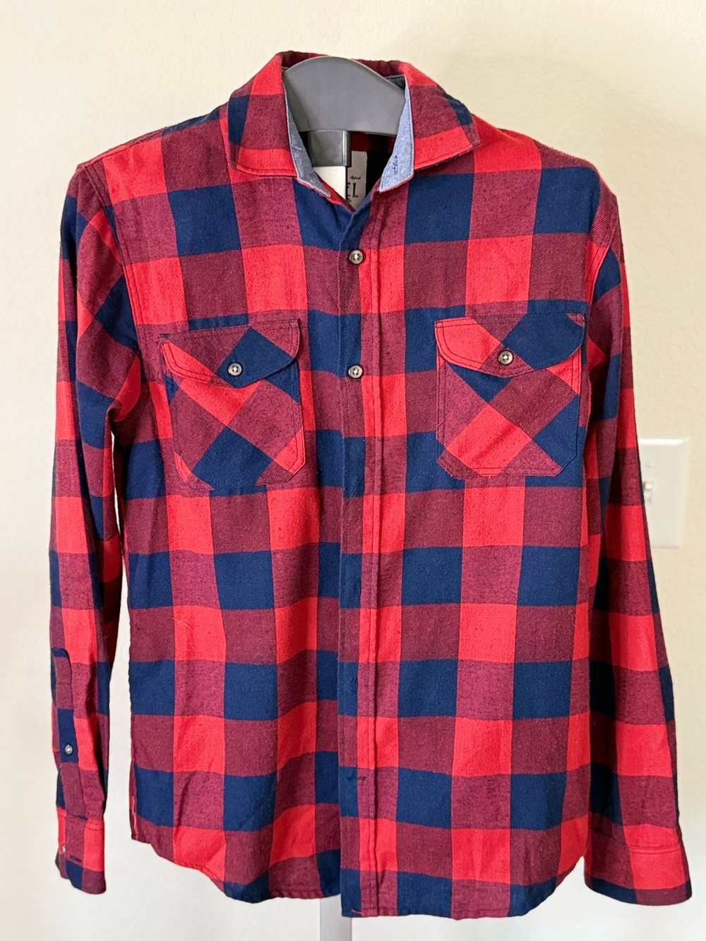 Men's Red and Navy Plaid Button-Down Workshirt